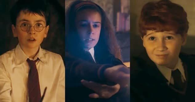 A three-panel split image featuring close-ups of young Harry, Hermione, and Ron, each showing distinct expressions in their school uniforms.