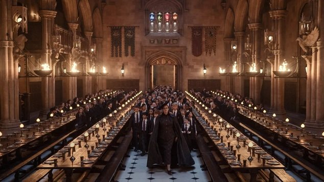 A high-angle view of the Hogwarts Great Hall showing a figure in a black cloak leading a procession of students down the center aisle between long, torchlit tables.