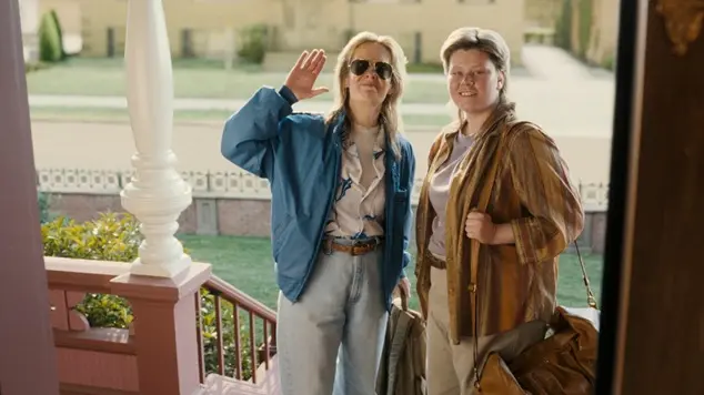 Actress Sarah Paulson as Aileen Wuornos and Jessie Lee as Shelby on the porch of the Lizzie Borden house in the Netflix series Monster: The Lizzie Borden Story.